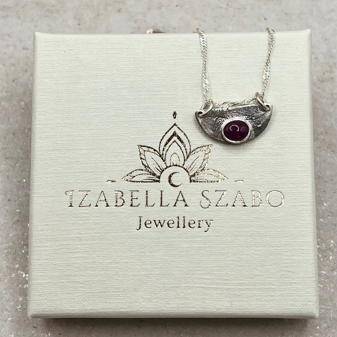 Silver necklace with a red gemstone on a branded jewelry box