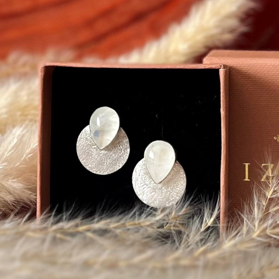 Rainbow Moonstone Shield Stud Earrings