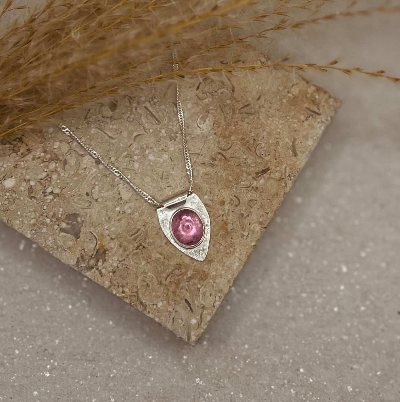 Pink Tourmaline Necklace – Textured Sterling Silver