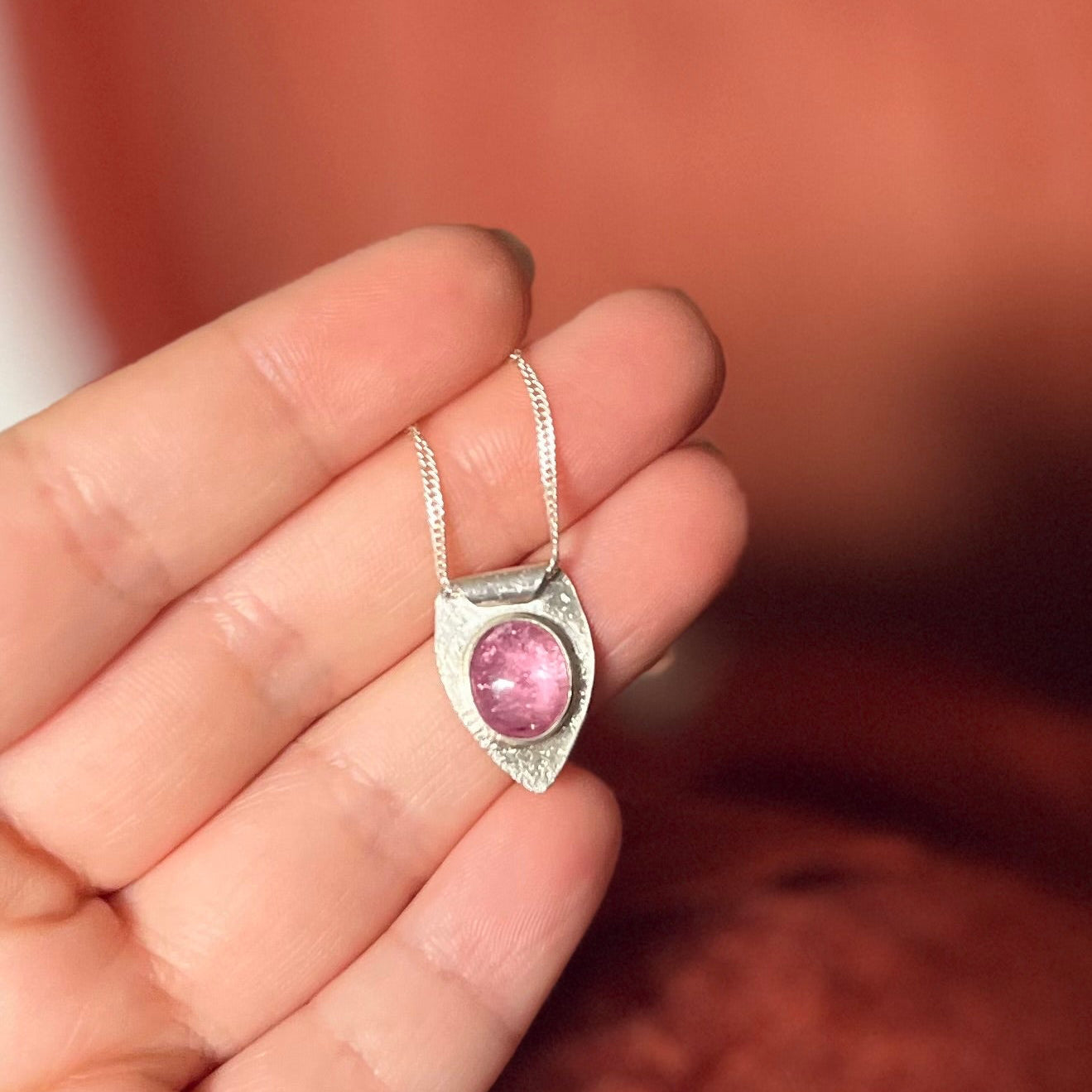 Pink Tourmaline Necklace – Textured Sterling Silver