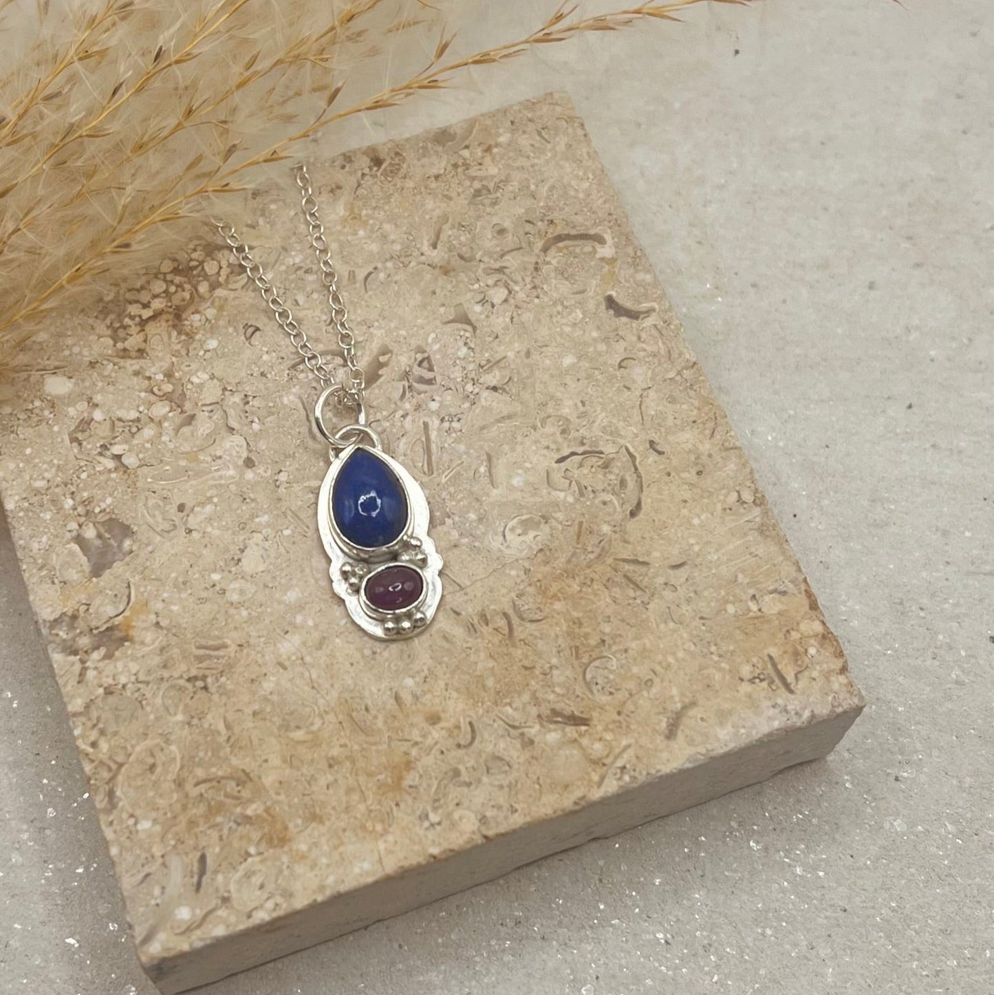 Lapis Lazuli & African Ruby Totem Necklace – Recycled Sterling Silver